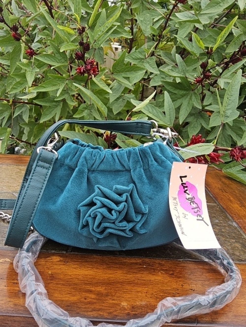 NWT Betsey Johnson Teal Shoulder Bag with Rosette Accent